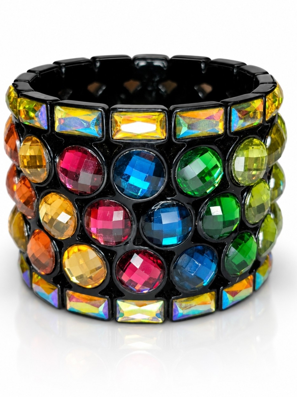 Rainbow Rhinestone Stretch Bracelet Black Plastic Wide Cuff Statement Bracelet